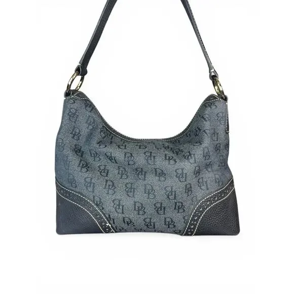 Vintage Dooney & Bourke Signature Monogram Hobo Bag Black Navy Blue / Gray - Picture 6 of 13